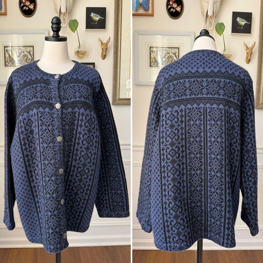 Vintage 90s Skyr Blue Black Wool Nordic Scandinavian Cardigan Sweater 2X
